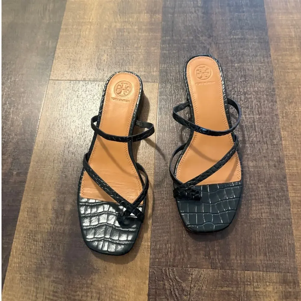 Tory Burch Croc Embossed Slide Sandals Black Leather Size 8M